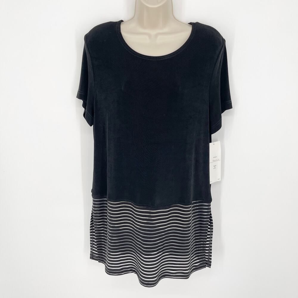 Softwear VINTAGE Black Top Tunic NEW Sz XL Sheer Stripes Short Sleeve Side Split